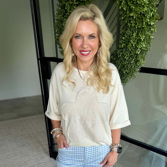 Ivory Floral Patch Washed Terry Top 9025