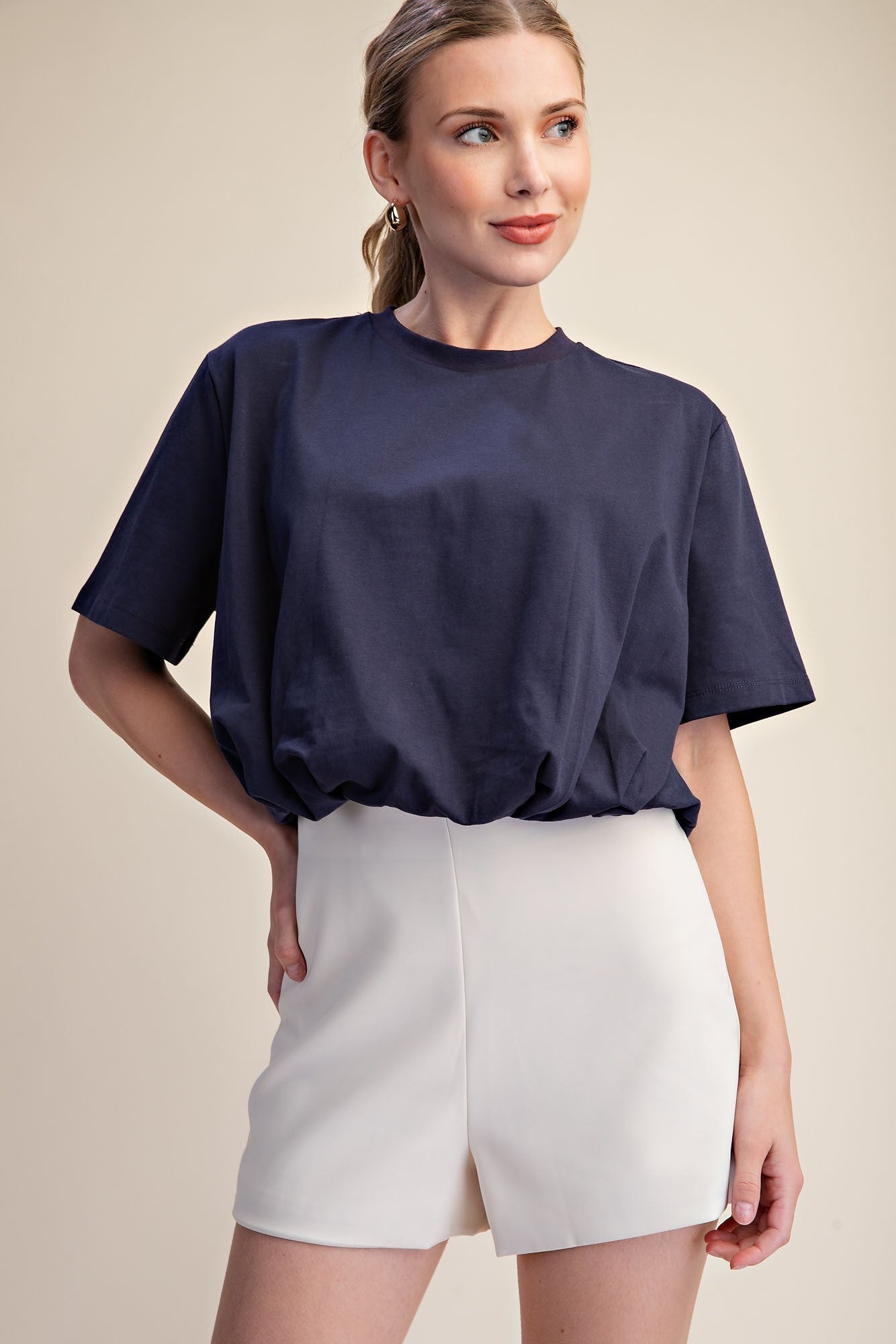 Cropped Bubble Hem T-Shirt Top – Navy