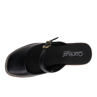 A black leather clog-style mule sandal with a single strap and a small gold-tone buckle, shown from a top-down view on a white background. The brand name 'Corkcups' is printed on the black footbed.
