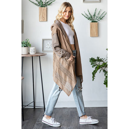 O&H - Mineral Washed, Lace Detail, Cardigan w Hood 0446 - Coffee
