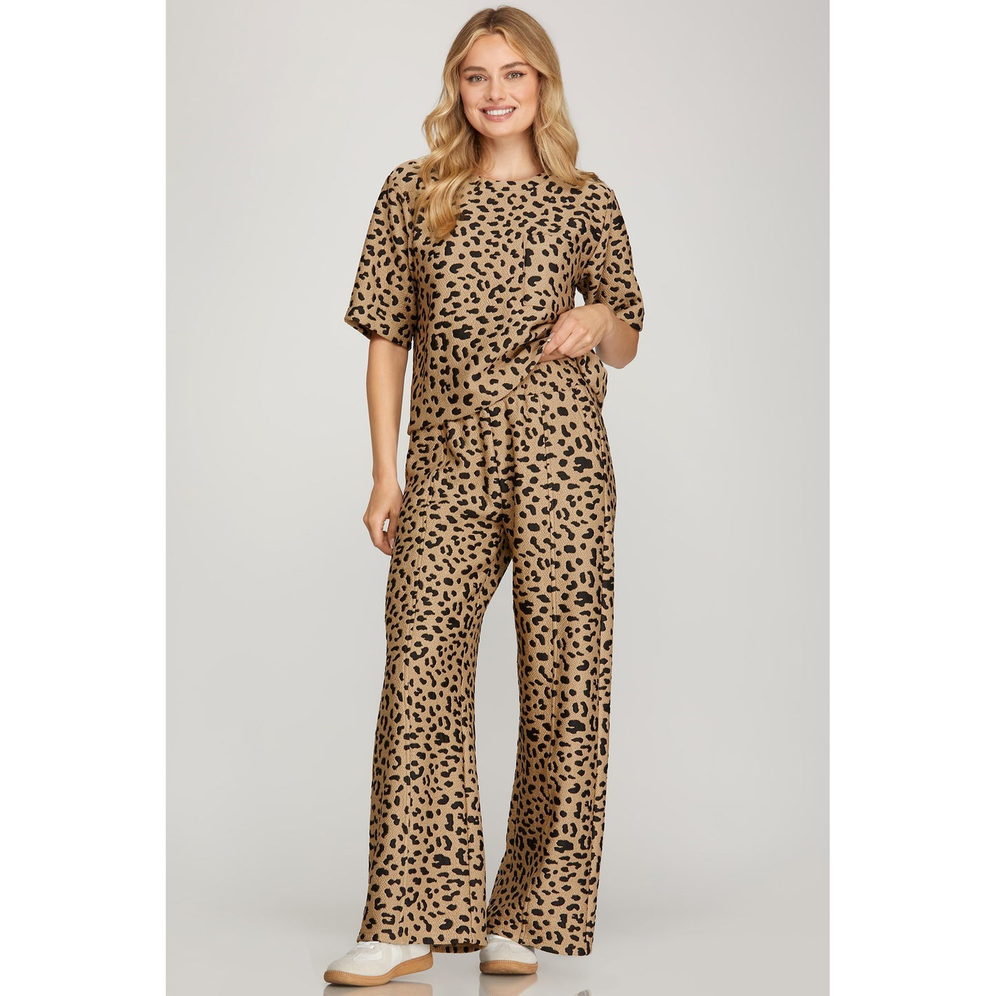 SS - Half Sleeve & Wide Leg, Leopard Print, Textured Set 9110 - Light Taupe
