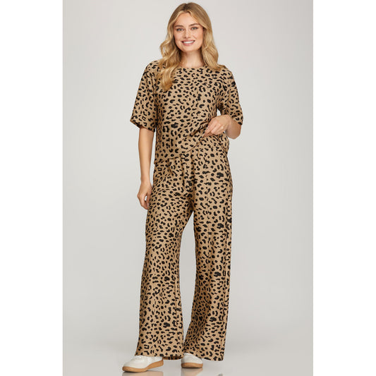 SS - Half Sleeve & Wide Leg, Leopard Print, Textured Set 9110 - Light Taupe
