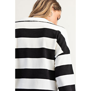 Oversized Striped Rugby Polo Sweatshirt 9015 - Black / White