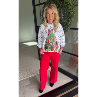 Queen of Sparkles - White & Black Polka Dot Christmas Tree Mockneck Sweatshirt