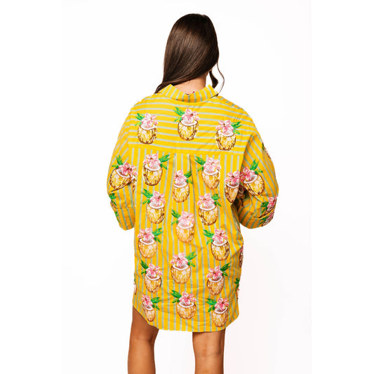 Queen of Sparkles - Yellow Striped Coconut Drink Button Up Tunic Top🍹☀️