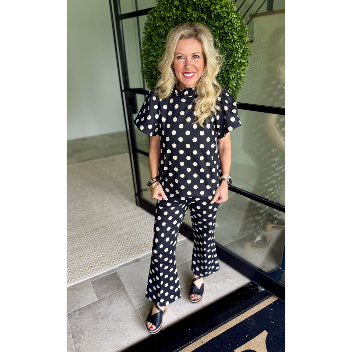 Polka Dot Ruffle Top & Cropped Flare Pants Set 8393/8304– Black