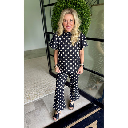 Polka Dot Ruffle Top & Cropped Flare Pants Set 8393/8304– Black