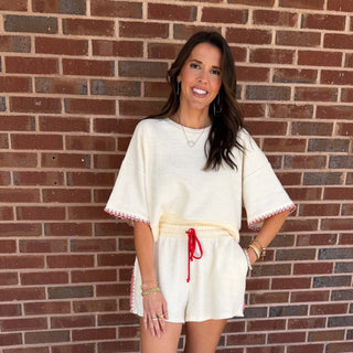BL - Oversized Cropped Sweatshirt & Bow Tie Shorts Set 2917 - Cream/Red