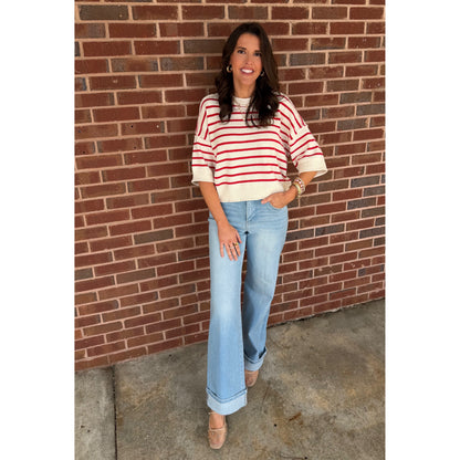 BP - Striped, Raw Edge, Drop Shoulder, Short Sleeve Sweater Top 1036 - Red