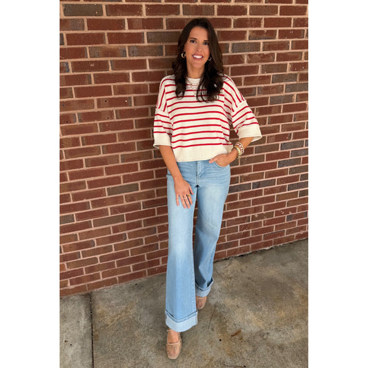 BP - Striped, Raw Edge, Drop Shoulder, Short Sleeve Sweater Top 1036 - Red