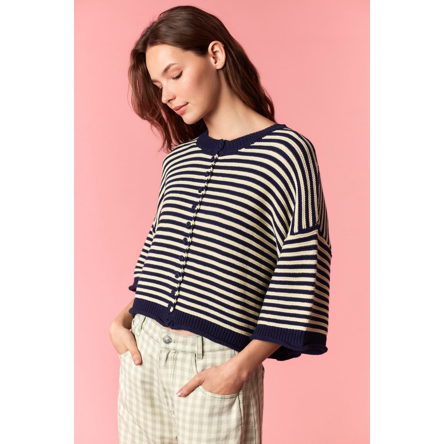 Striped Half Sleeve Oversize Cardigan - Navy / Ivory