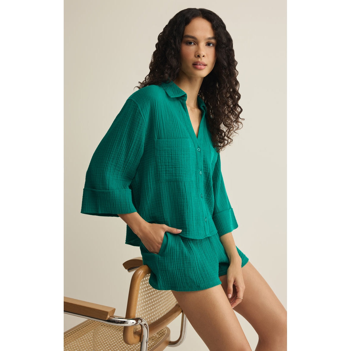 Helena Airy Gauze Button Up – Rainforest  (Pairs with Daylight Shorts)