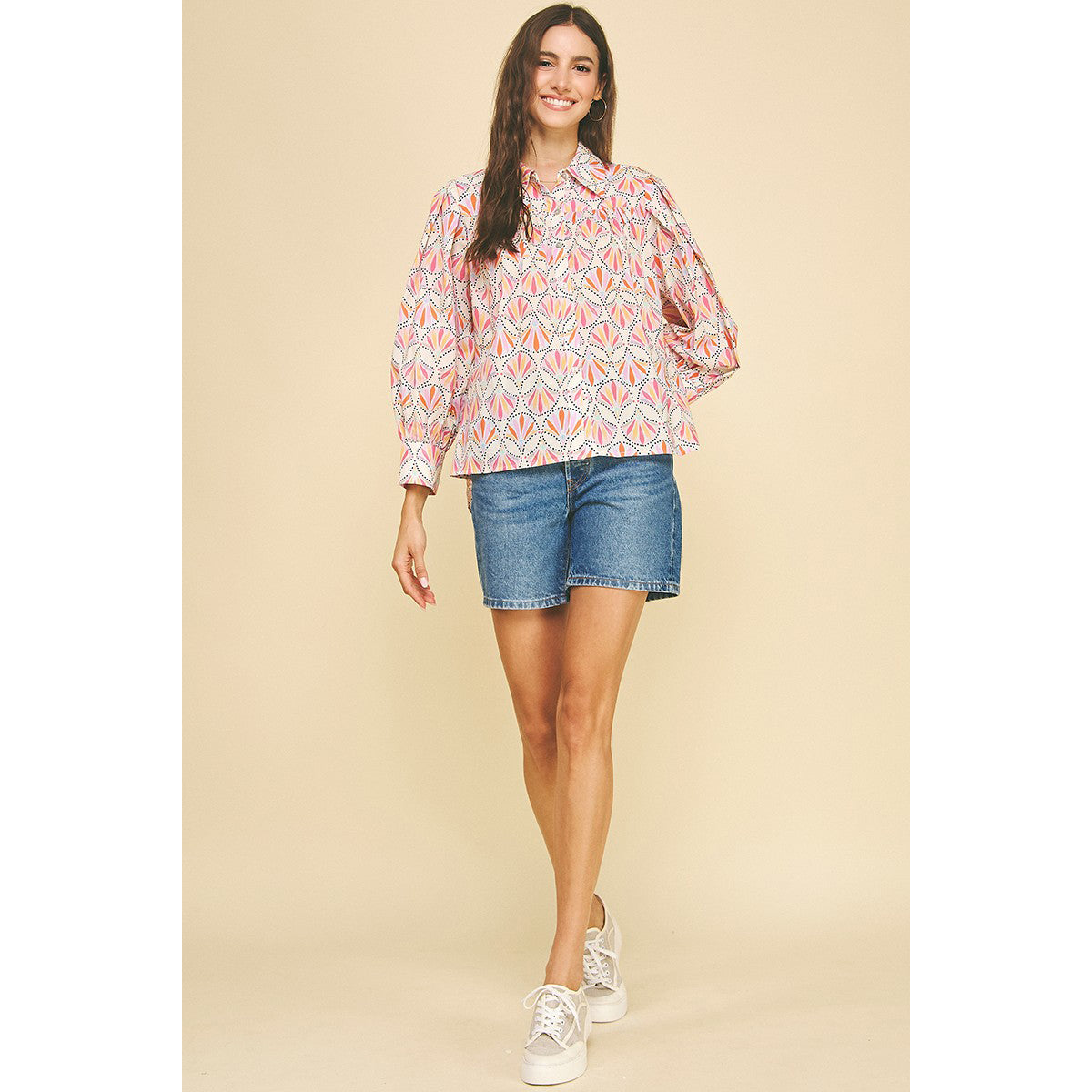 Pinch -  Printed, Button Down Shirt Top 5374 - Pink Multi