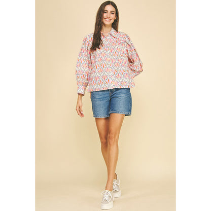 Pinch -  Printed, Button Down Shirt Top 5374 - Pink Multi