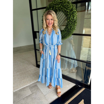 THML - Puff Sleeve, Striped Pattern, Midi Dress 3431 - Blue