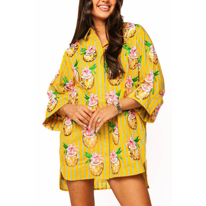 Queen of Sparkles - Yellow Striped Coconut Drink Button Up Tunic Top🍹☀️ - SALE