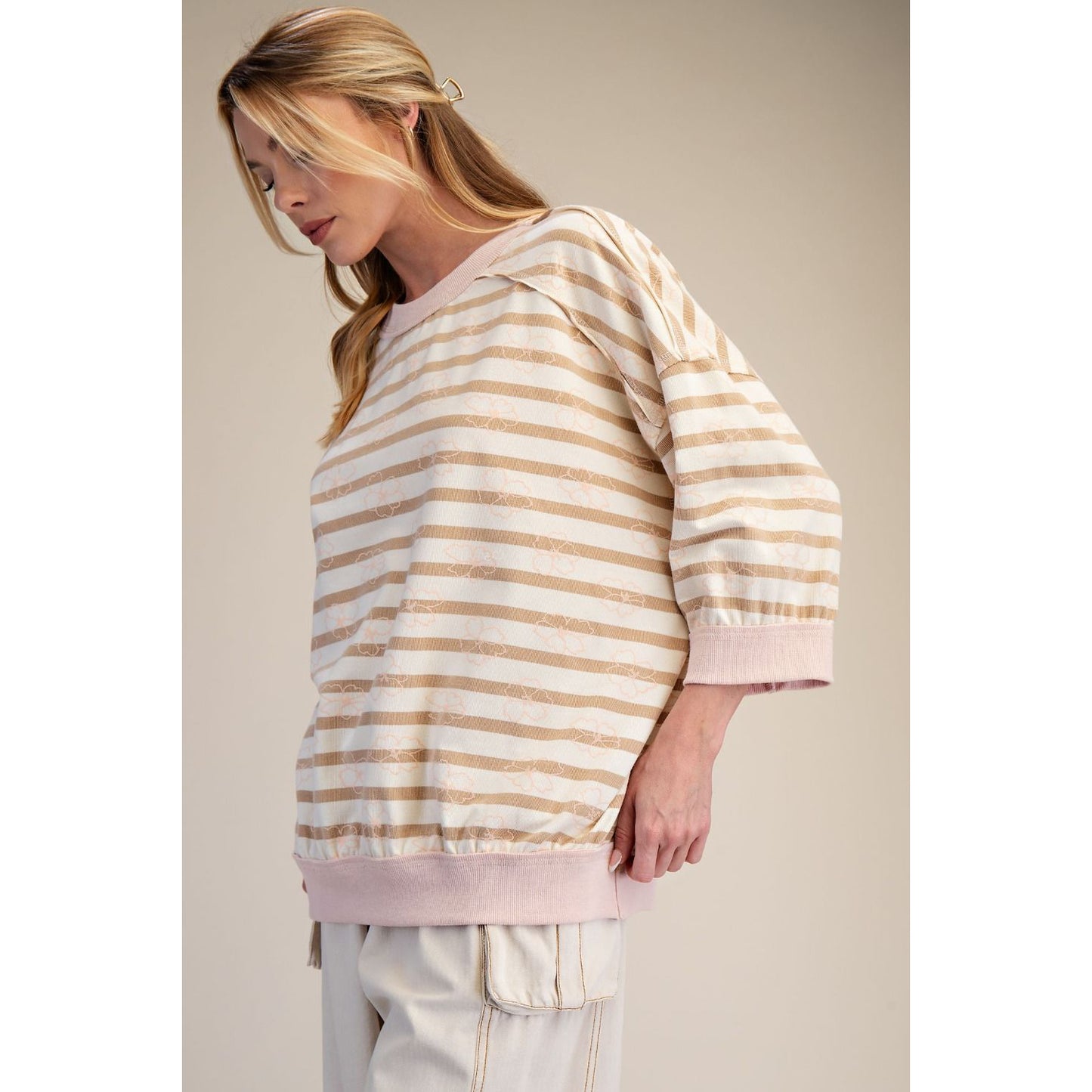 Easel - ¾ Sleeve, Striped Loose Fit Top 9274 - Latte
