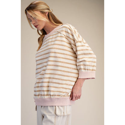 Easel - ¾ Sleeve, Striped Loose Fit Top 9274 - Latte