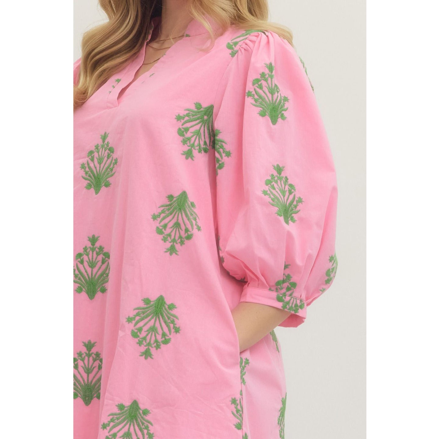 Entro - Embroidered, ¾, Puff Sleeve, Mini Dress 0226 - Pink