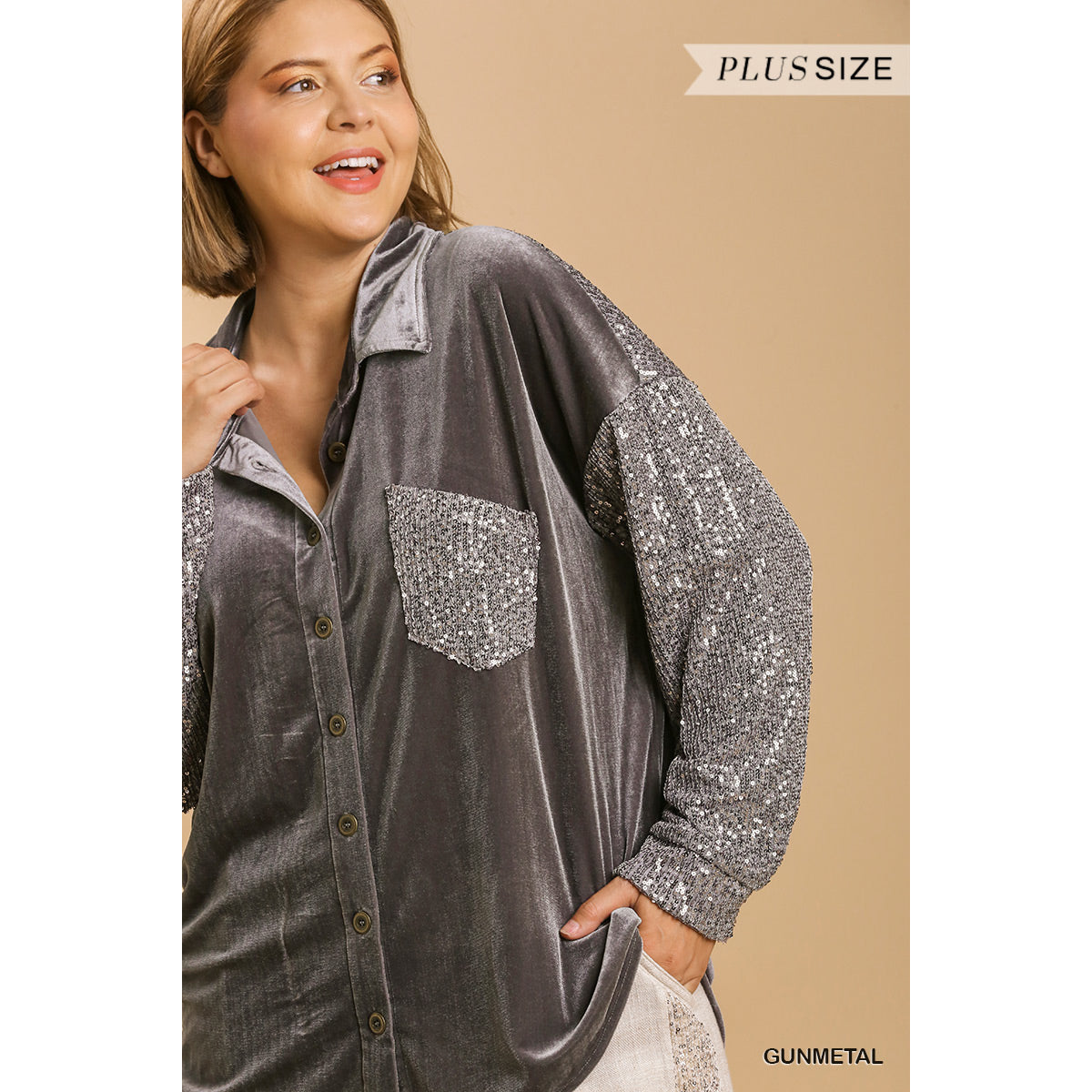 Velvet Collar Button Down Jacket w Sequin Sleeves & Chest Pocket 0333 - Gun Metal