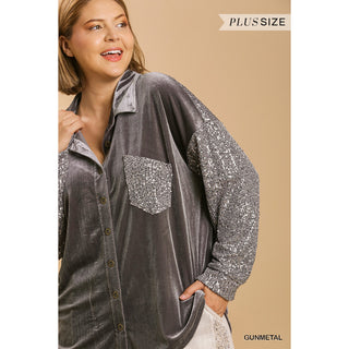 Velvet Collar Button Down Jacket w Sequin Sleeves & Chest Pocket 0333 - Gun Metal