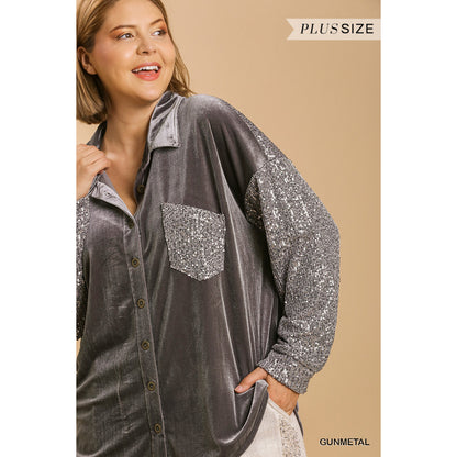 Velvet Collar Button Down Jacket w Sequin Sleeves & Chest Pocket 0333 - Gun Metal