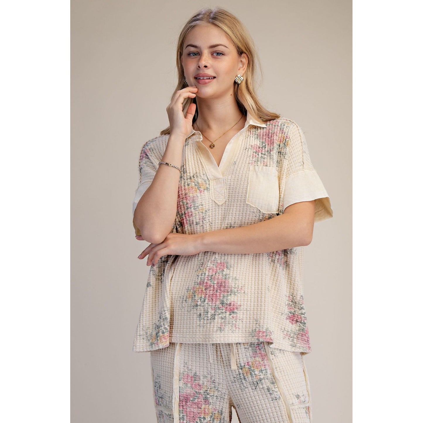 Vintage Floral Waffle Knit Lounge Set 1903/0221 - Natural