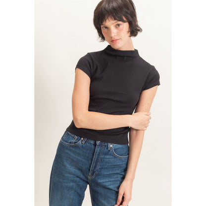 Mock Neck Cap Sleeve Cotton Top 323 – Black