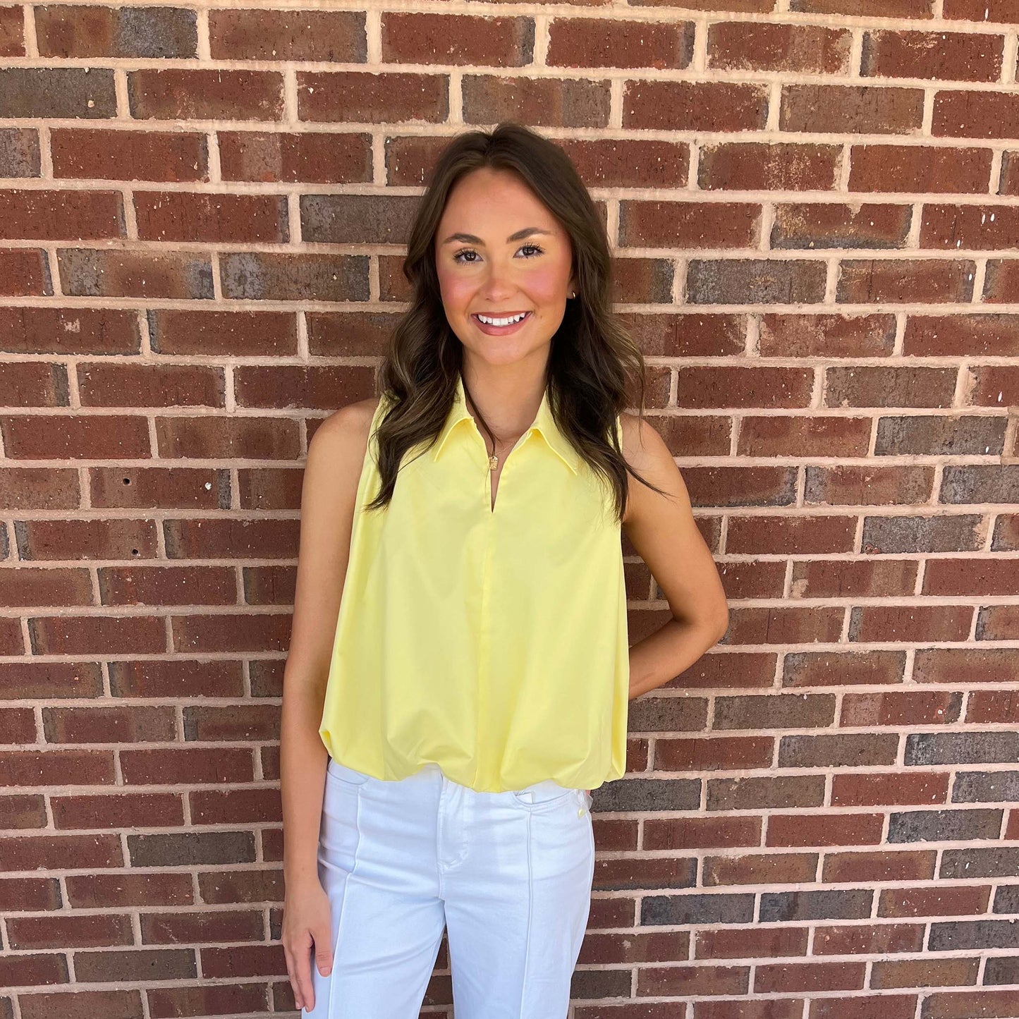 Bubble Hem Sleeveless Blouse – Butter Yellow Collared Flowy Top 9649