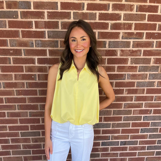 Bubble Hem Sleeveless Blouse – Butter Yellow Collared Flowy Top 9649