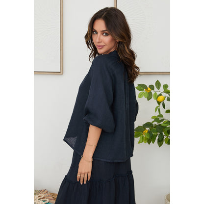 Milio Milano Linen Balloon Sleeve V-Neck Top – Navy