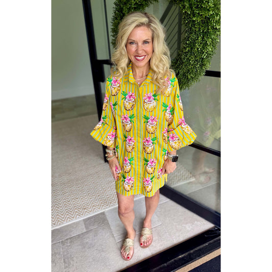 Queen of Sparkles - Yellow Striped Coconut Drink Button Up Tunic Top🍹☀️