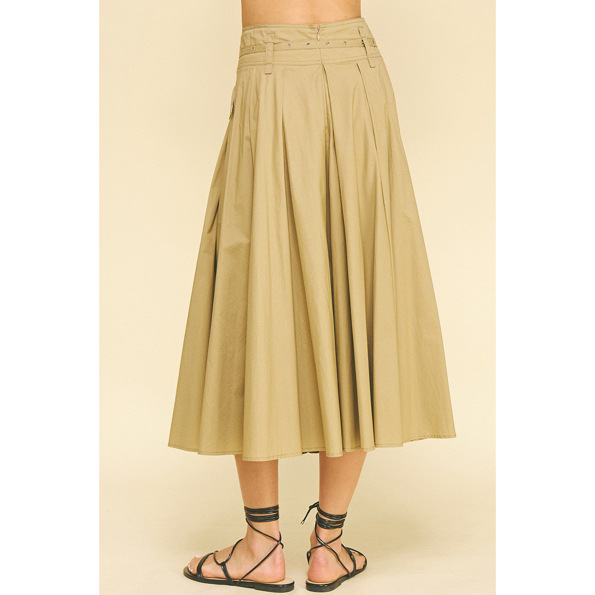 Pinch -  Pleated A-line Midi Skirt With Belt 6413 - Khaki