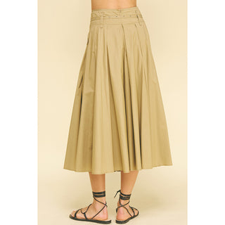 Pinch -  Pleated A-line Midi Skirt With Belt 6413 - Khaki