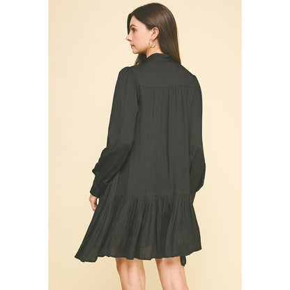 Pinch -  Tiered Mini Dress With Tie Neck 6115 - Black.