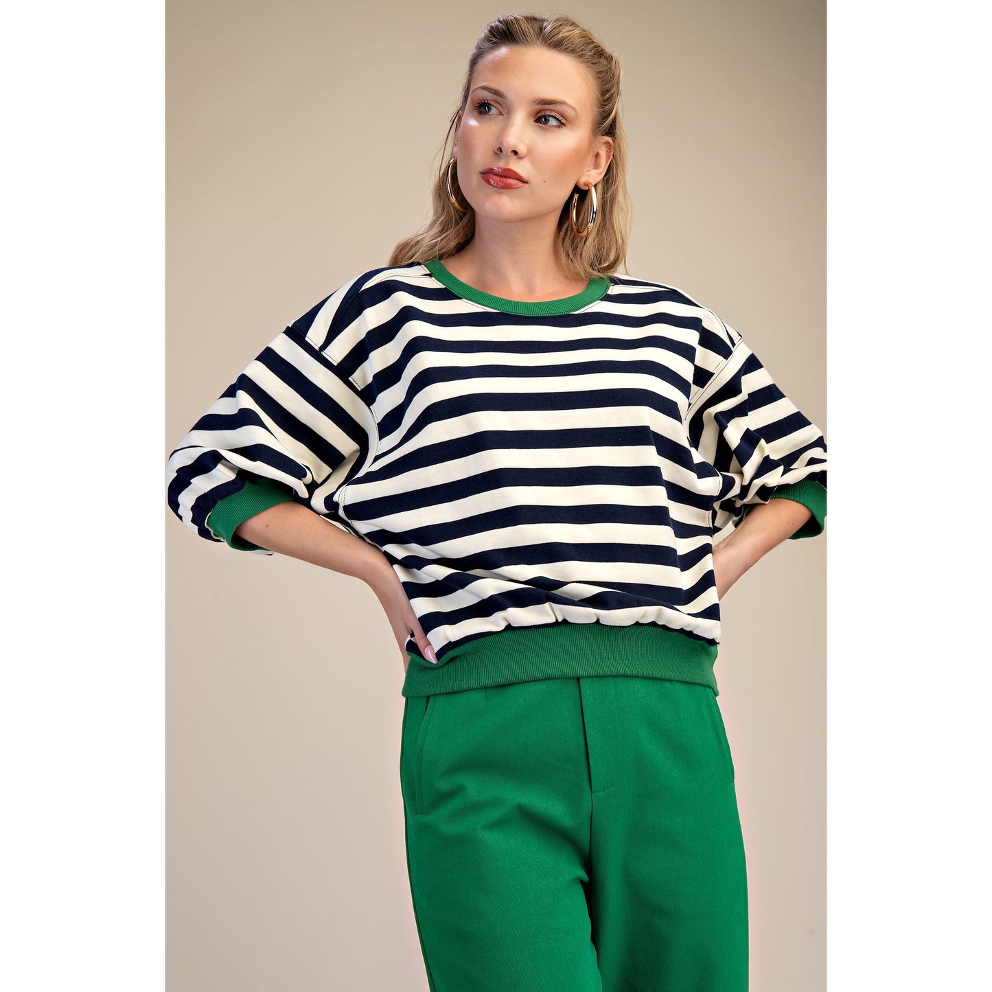 Navy Stripe Knit Top – Green Trim Short Sleeve Sweater - 9528