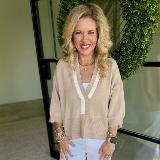 Taupe Contrast Trim Sweater – Loose Fit V-Neck Knit Top - 9684 -