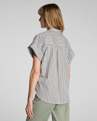 SPANX® Poplin Oversized Short Sleeve Button Down – Frosted Moss/Classic White Stripe
