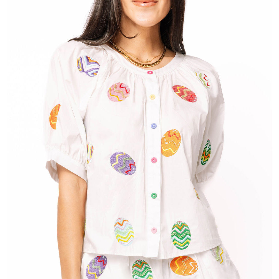 Queen of Sparkles -  Multi Easter Egg, Button Up Top 26248 - White