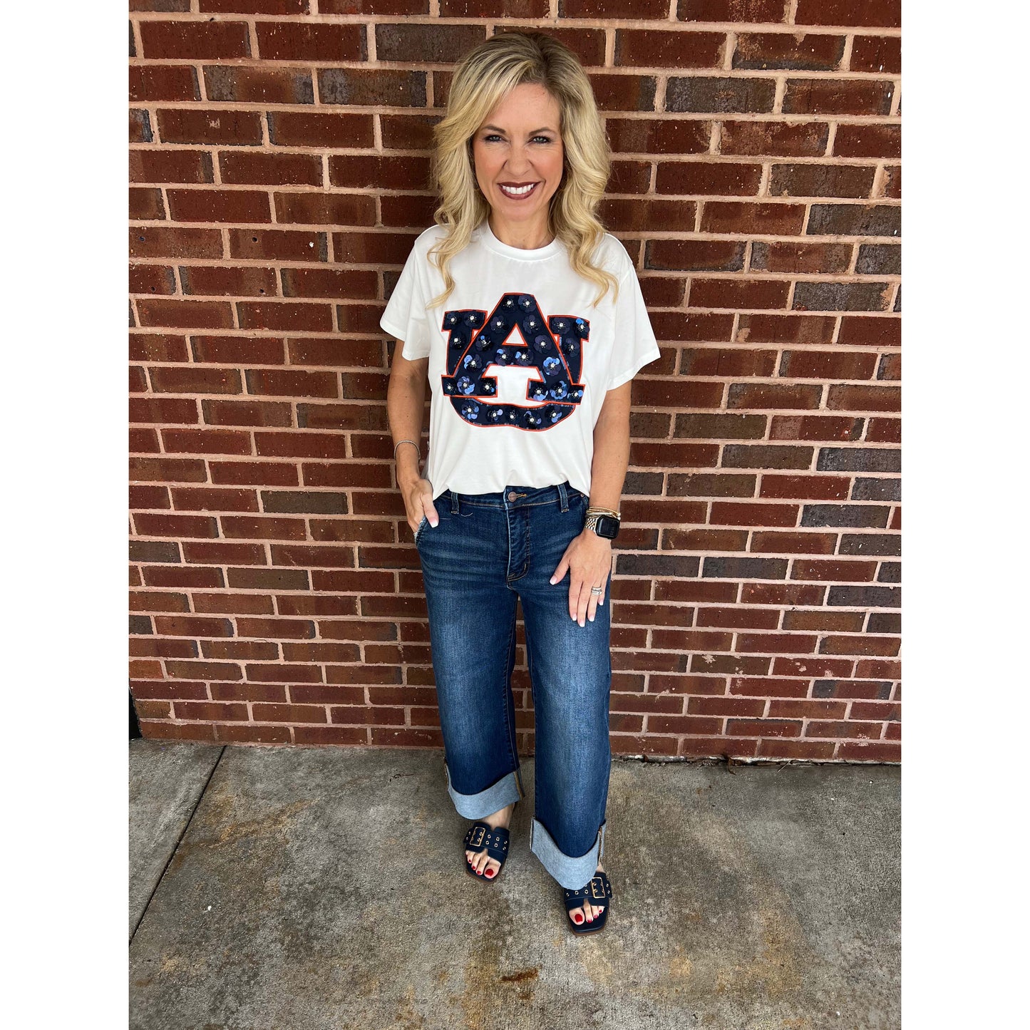 Queen of Sparkles -  Auburn Mascot Sequin Flower Tee GD25AUB45 - White - SALE