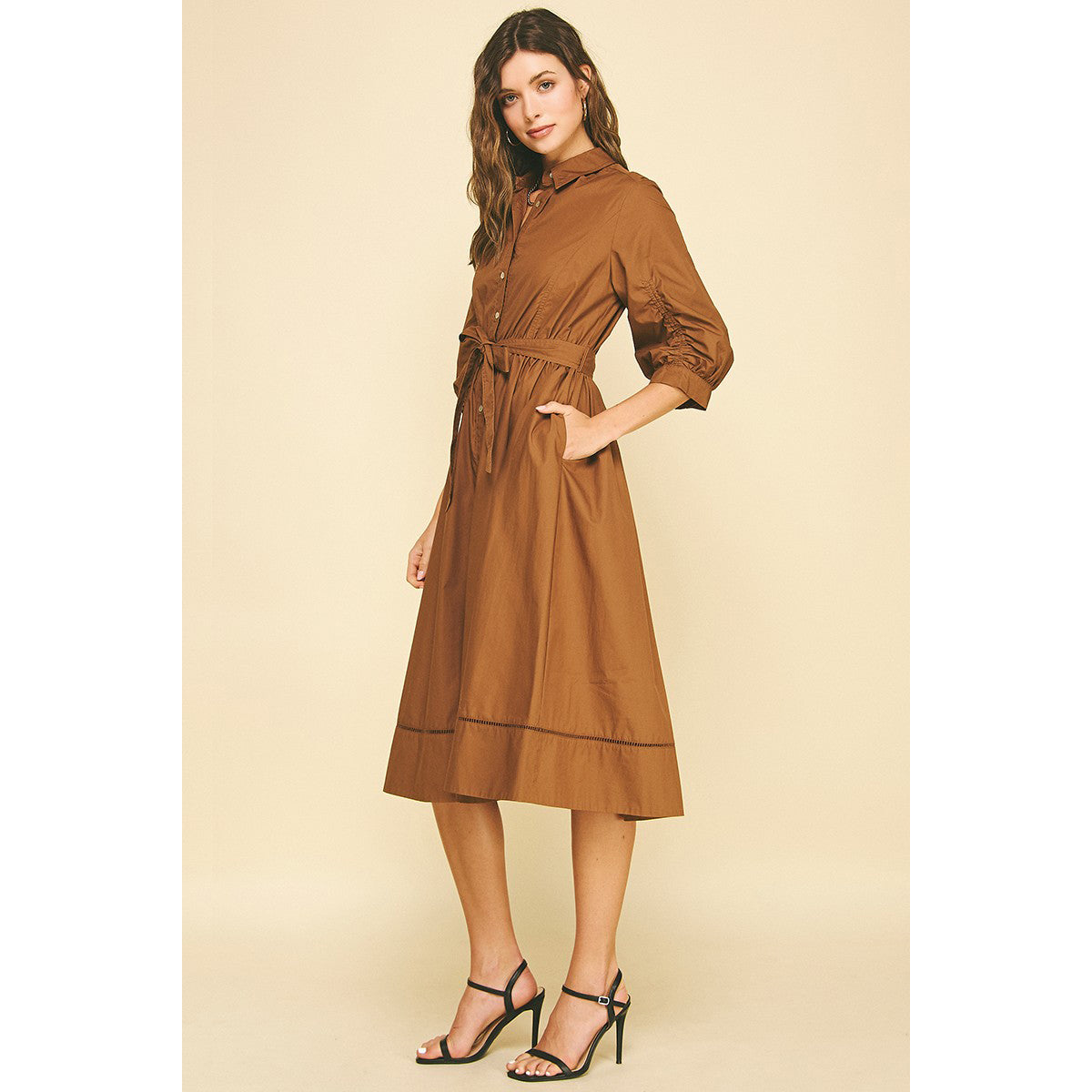 Pinch - Eyelet Detailed, Button Down, Midi Dress 6566 - Brown