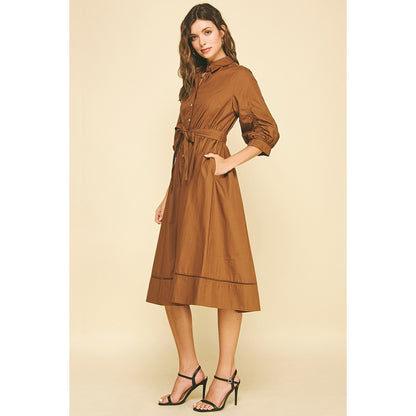 Pinch - Eyelet Detailed, Button Down, Midi Dress 6566 - Brown