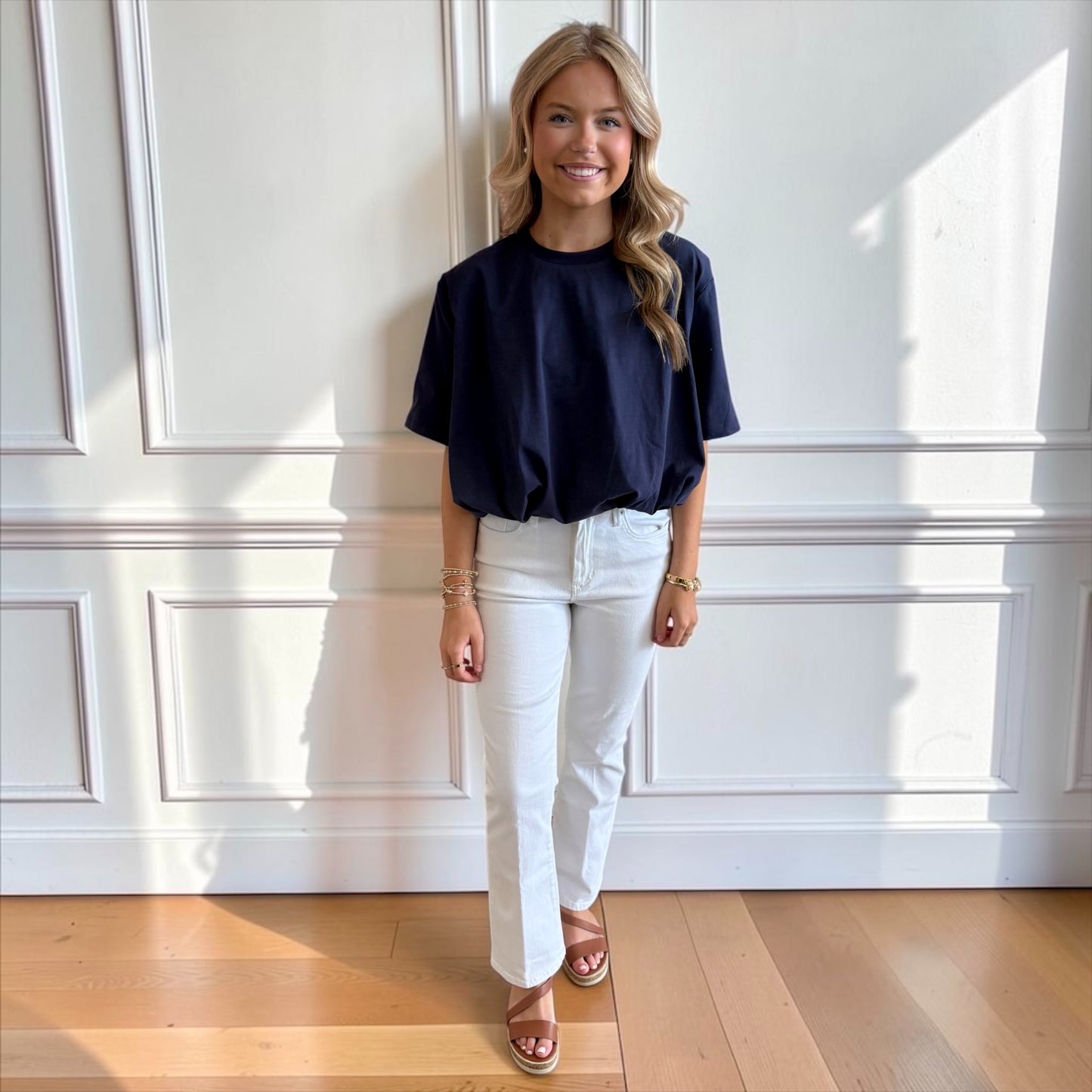 Cropped Bubble Hem T-Shirt Top – Navy