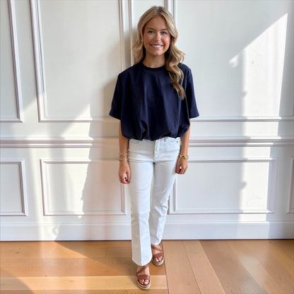 Cropped Bubble Hem T-Shirt Top – Navy