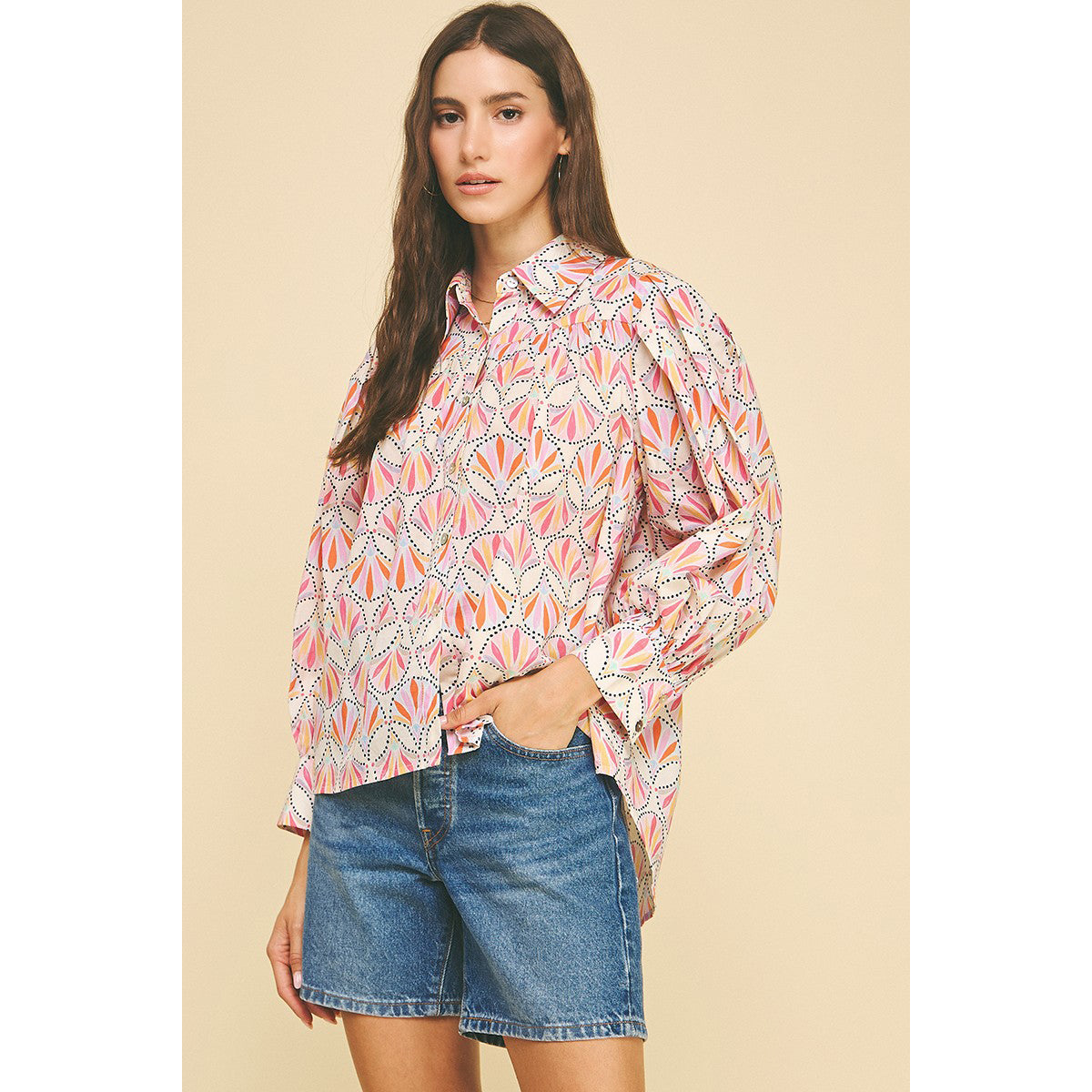 Pinch -  Printed, Button Down Shirt Top 5374 - Pink Multi