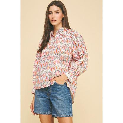 Pinch -  Printed, Button Down Shirt Top 5374 - Pink Multi