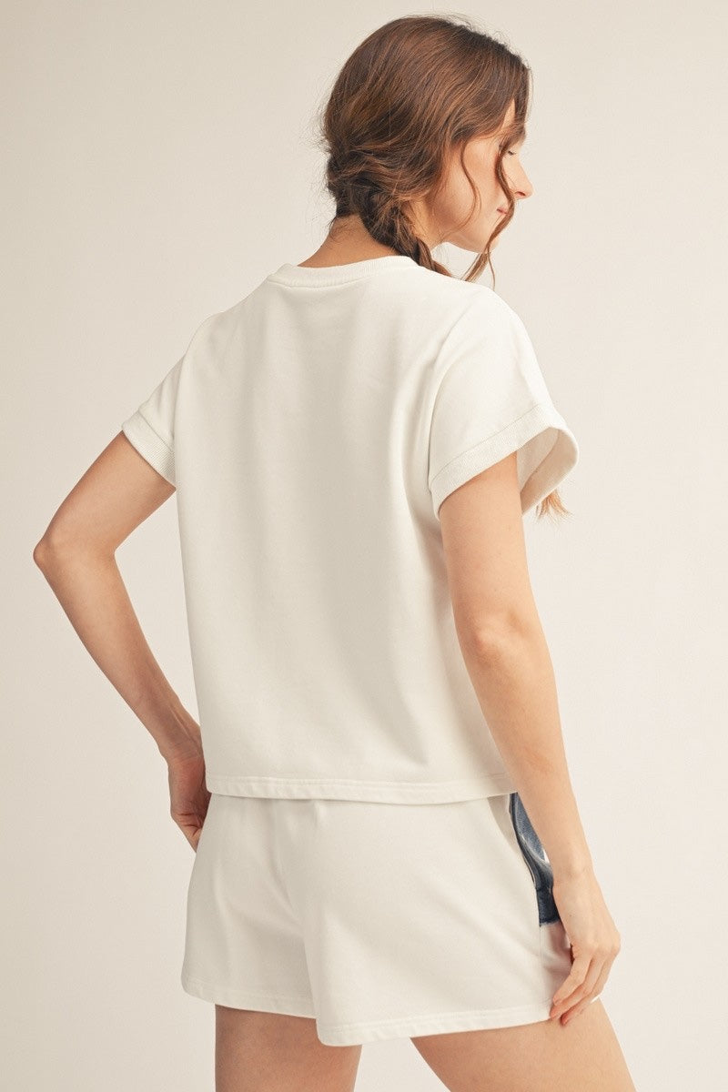 American Flag Patched Washed Casual Set 7152/7153 - Ivory