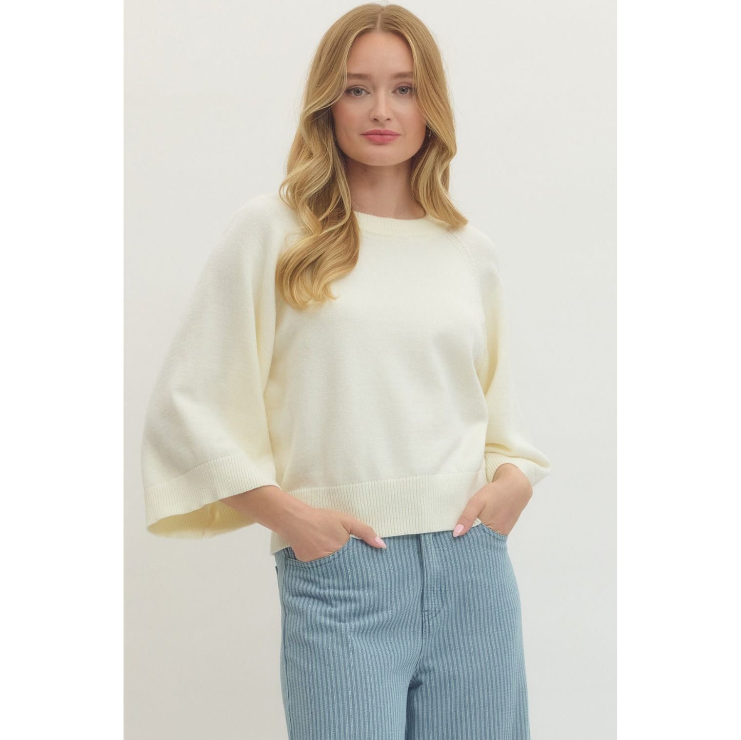 Entro - Solid Raglan, 3/4 sleeve sweater Top 7711 - Creme