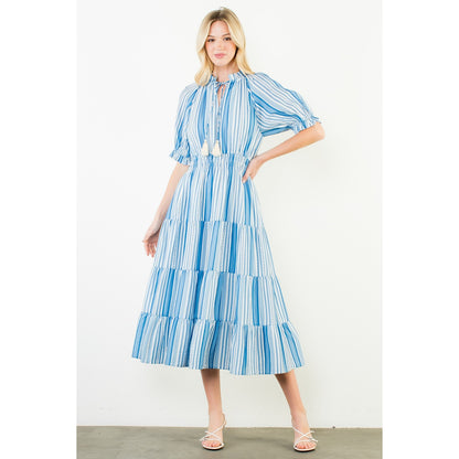 THML - Puff Sleeve, Striped Pattern, Midi Dress 3431 - Blue