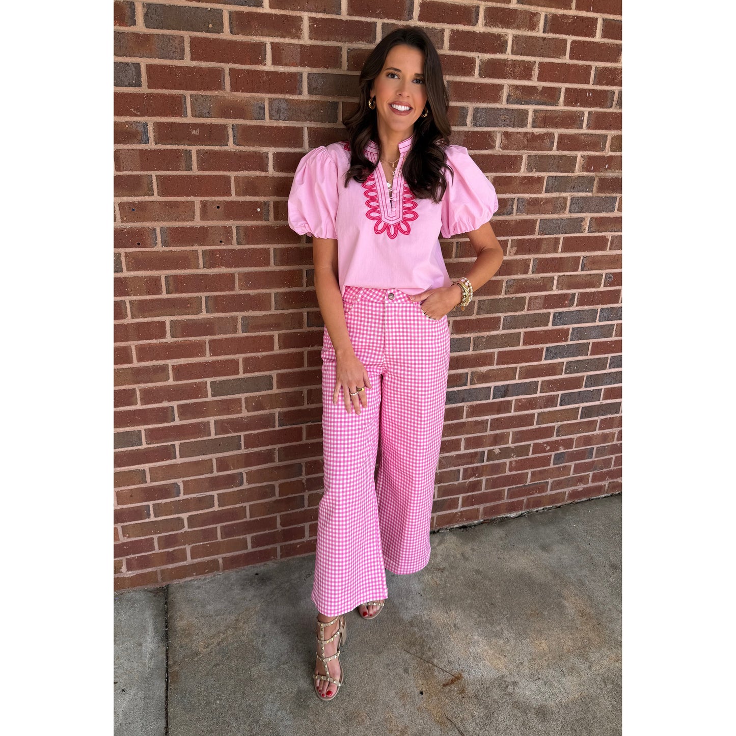 ENTRO -  Gingham, Straight Leg Pants 0616 - Pink